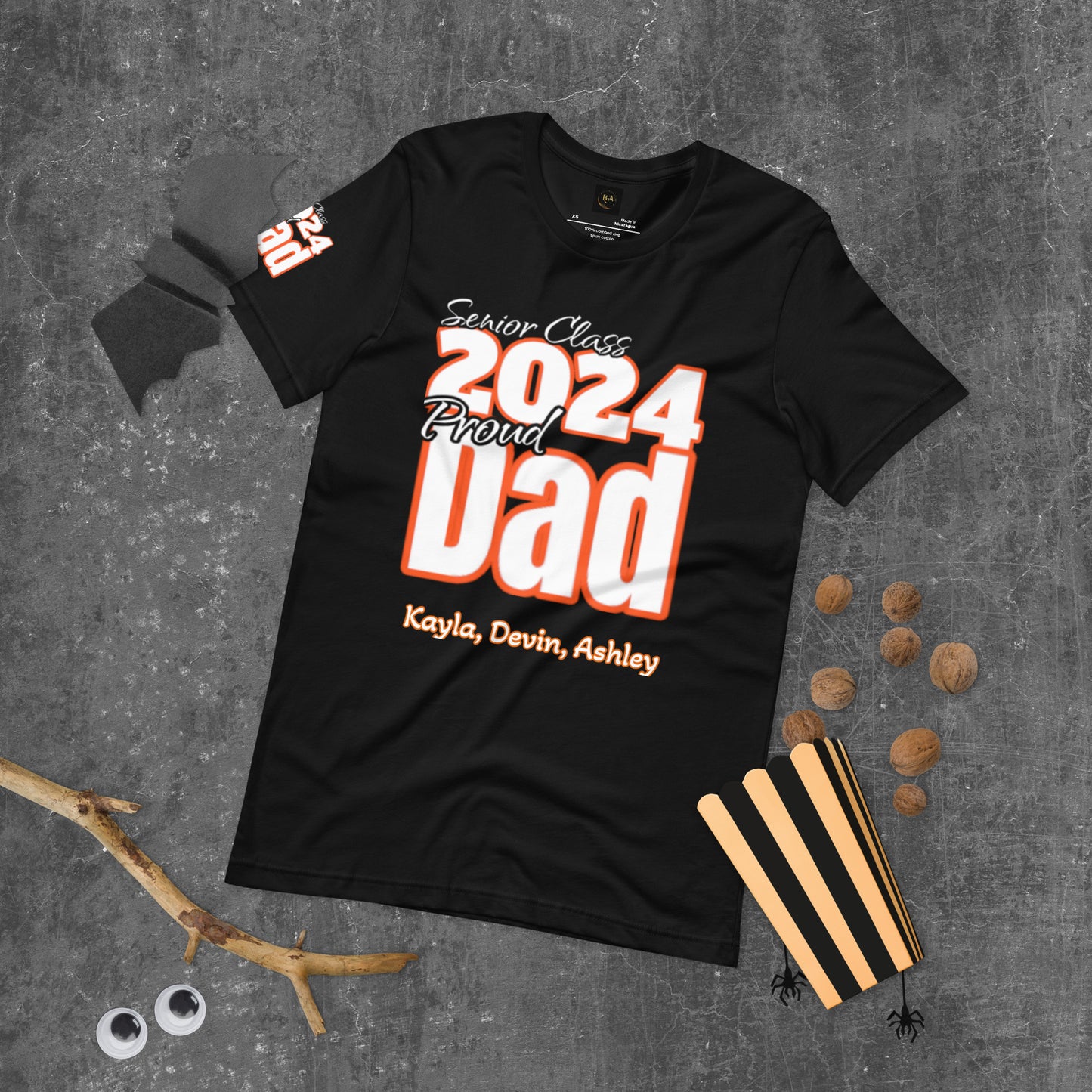 Senior Class, 2024 Proud Dad - Orange/white/black tee Editable Names, Unisex t-shirt