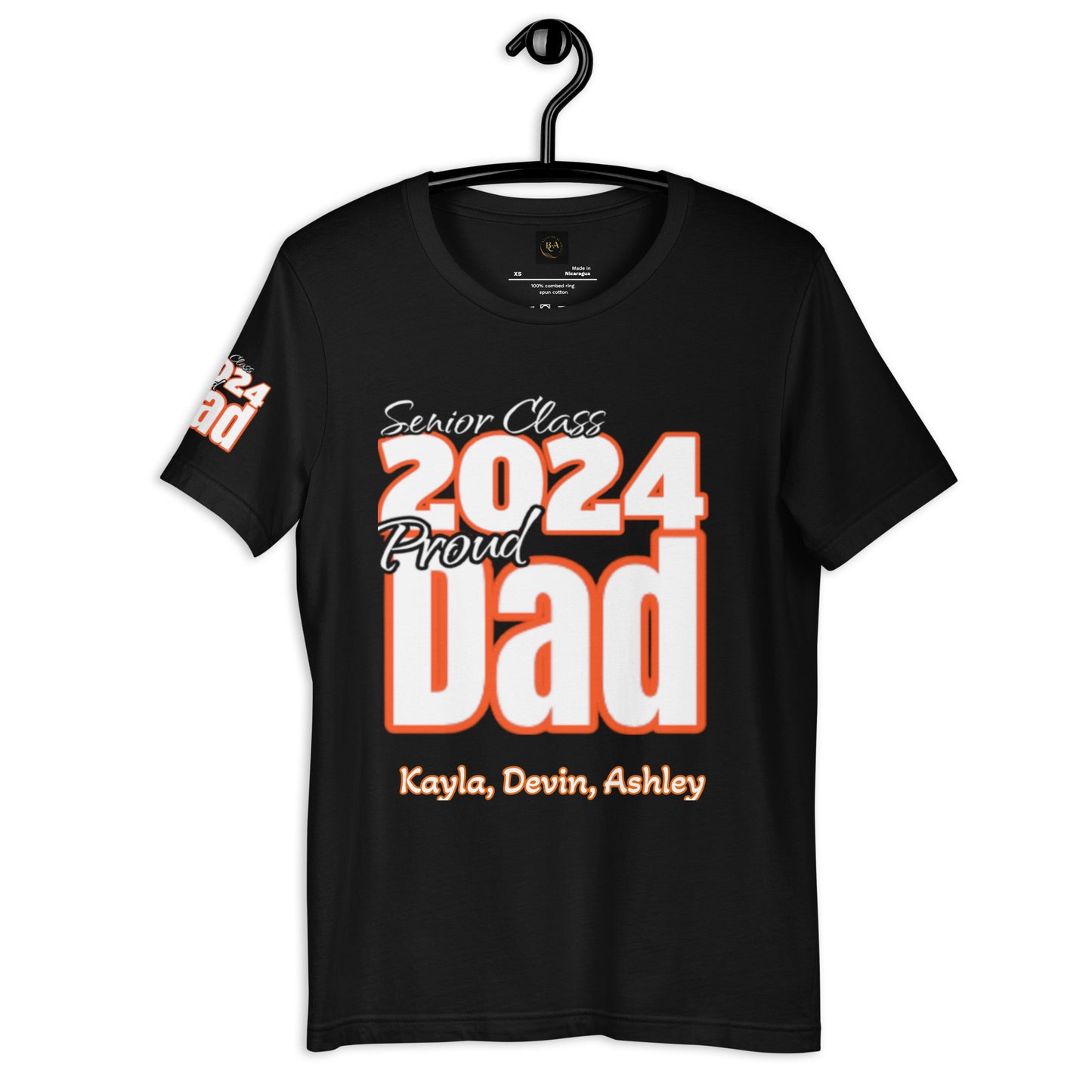 Senior Class, 2024 Proud Dad - Orange/white/black tee Editable Names, Unisex t-shirt