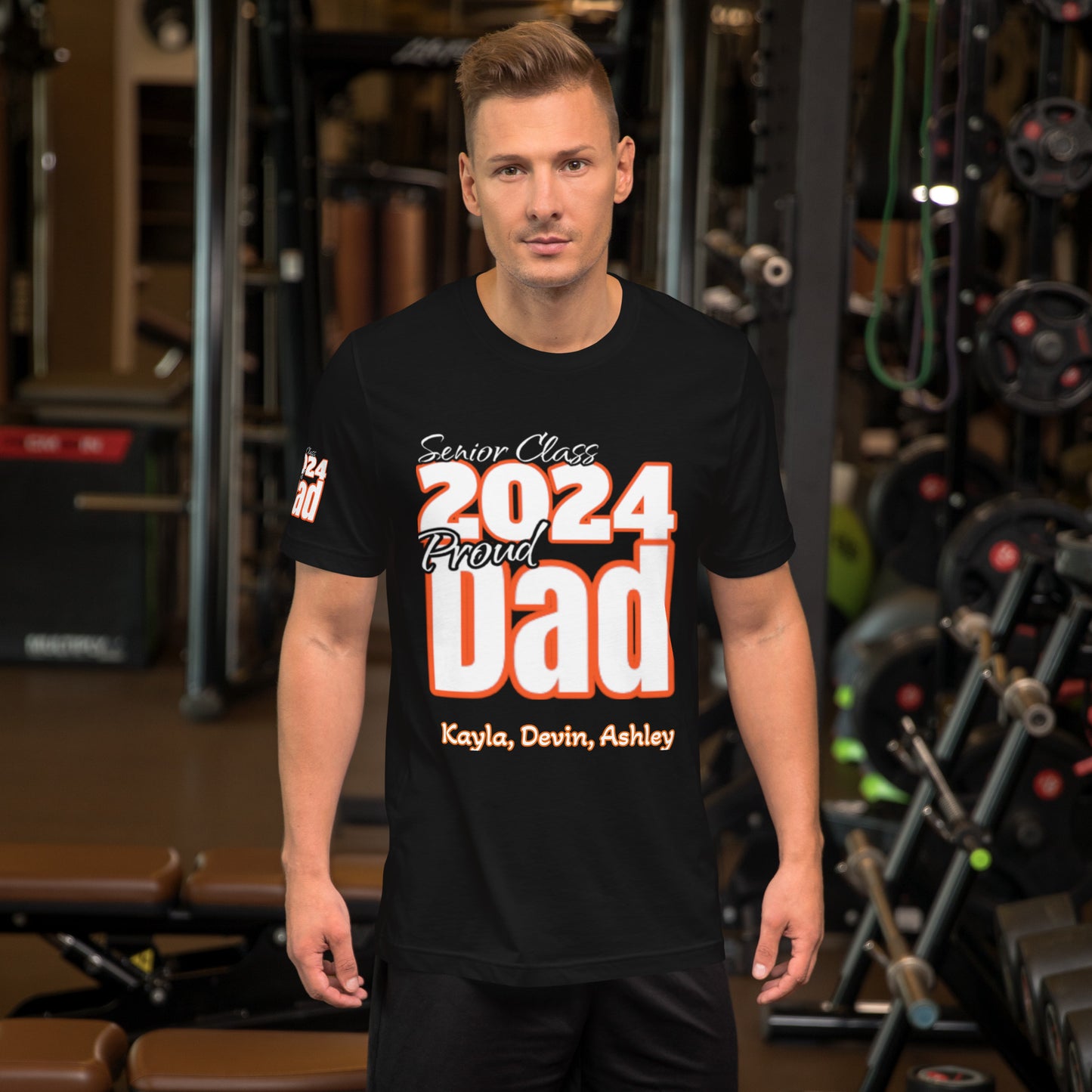 Senior Class, 2024 Proud Dad - Orange/white/black tee Editable Names, Unisex t-shirt