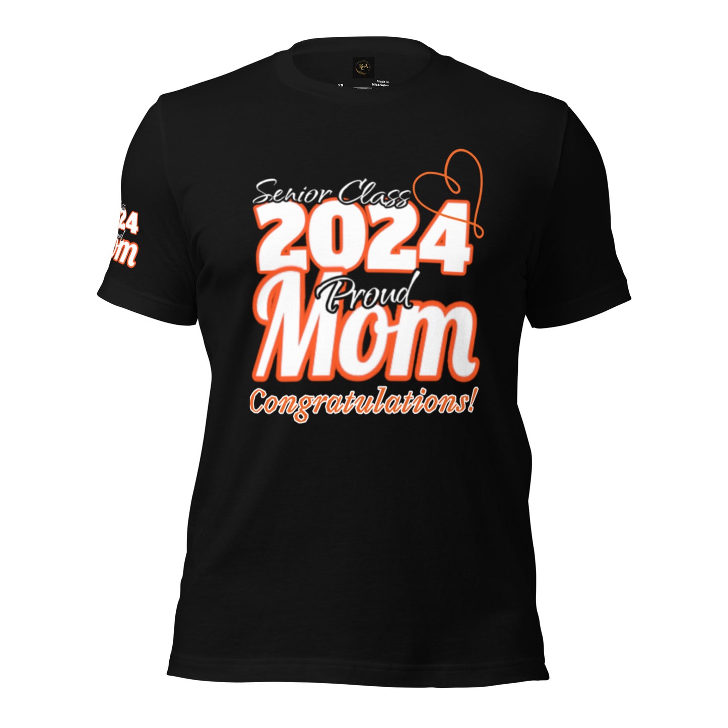 Senior 2024, Proud Mom, Congratulations Heart, Front, Back, Right Sleeve Design, XS-5XL Unisex T-Shirt