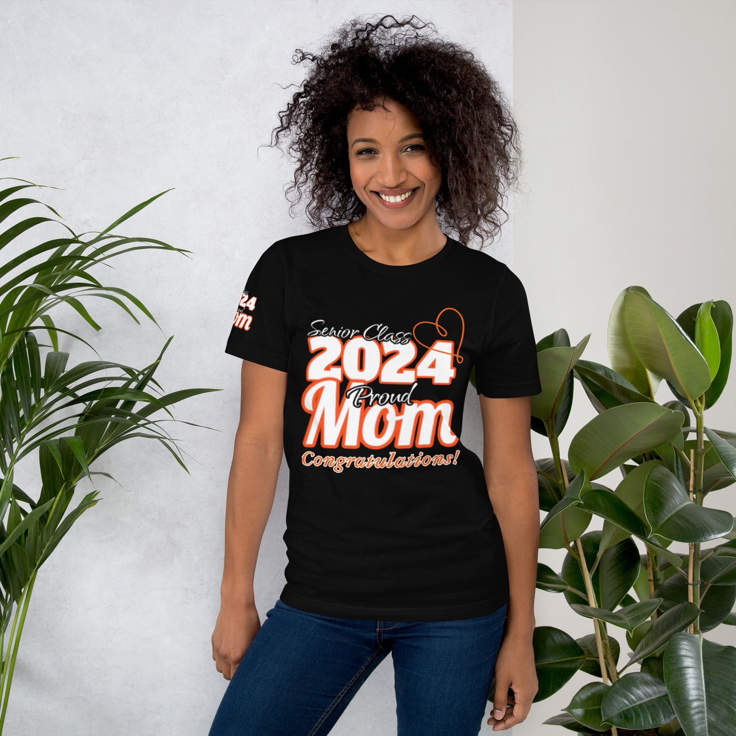 Senior 2024, Proud Mom, Congratulations Heart, Front, Back, Right Sleeve Design, XS-5XL Unisex T-Shirt