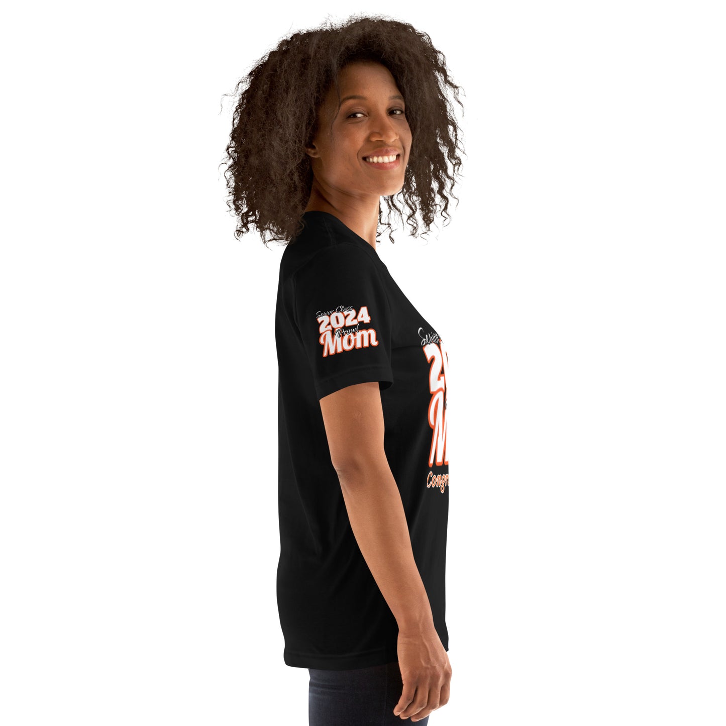 Senior 2024, Proud Mom, Congratulations Heart, Front, Back, Right Sleeve Design, XS-5XL Unisex T-Shirt