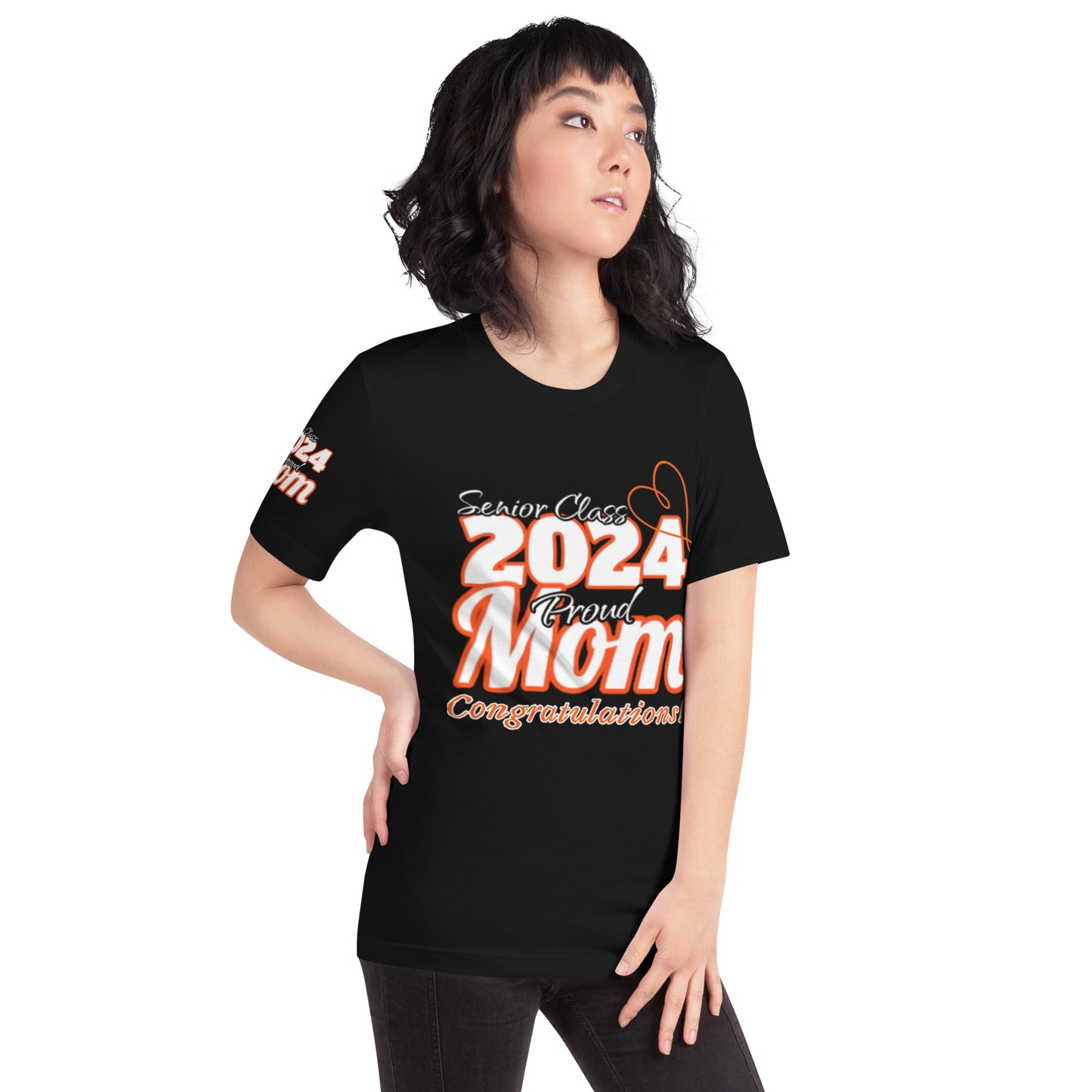 Senior 2024, Proud Mom, Congratulations Heart, Front, Back, Right Sleeve Design, XS-5XL Unisex T-Shirt