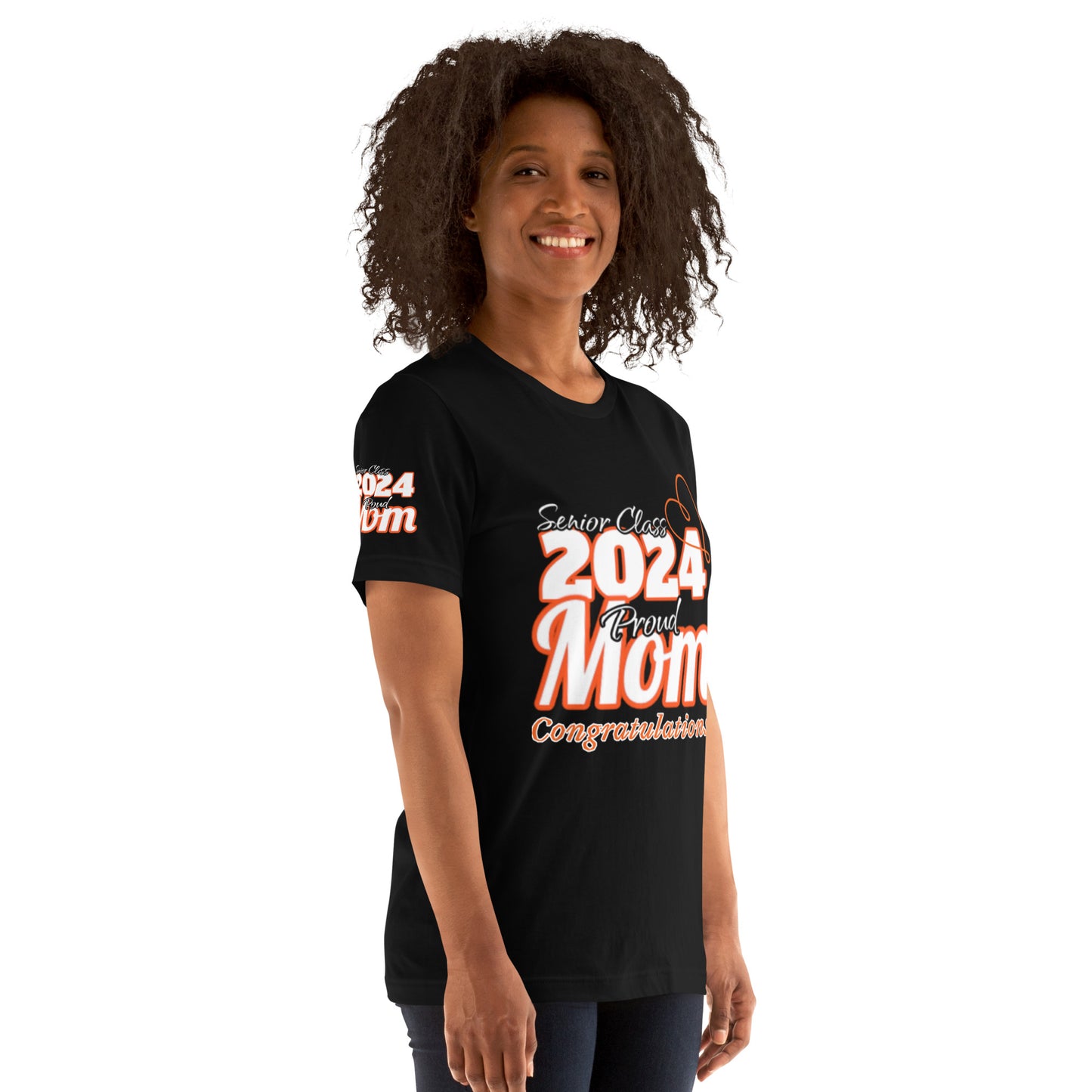 Senior 2024, Proud Mom, Congratulations Heart, Front, Back, Right Sleeve Design, XS-5XL Unisex T-Shirt