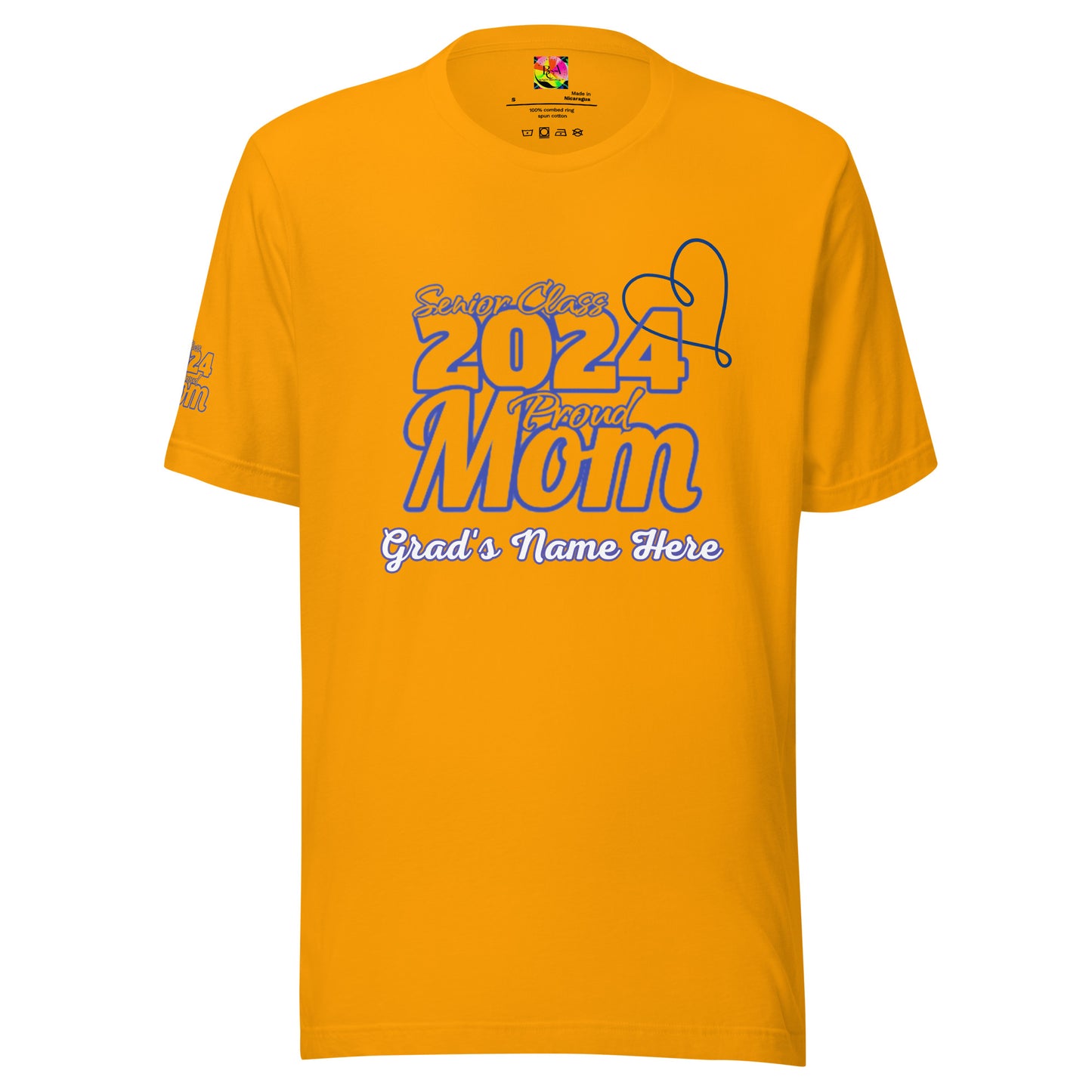 Senior 2024, Blue Print +Tee Color, Proud Mom, Grad's Name Here, Heart, Front, Back, Right Sleeve Design, XS-5XL Unisex T-Shirt