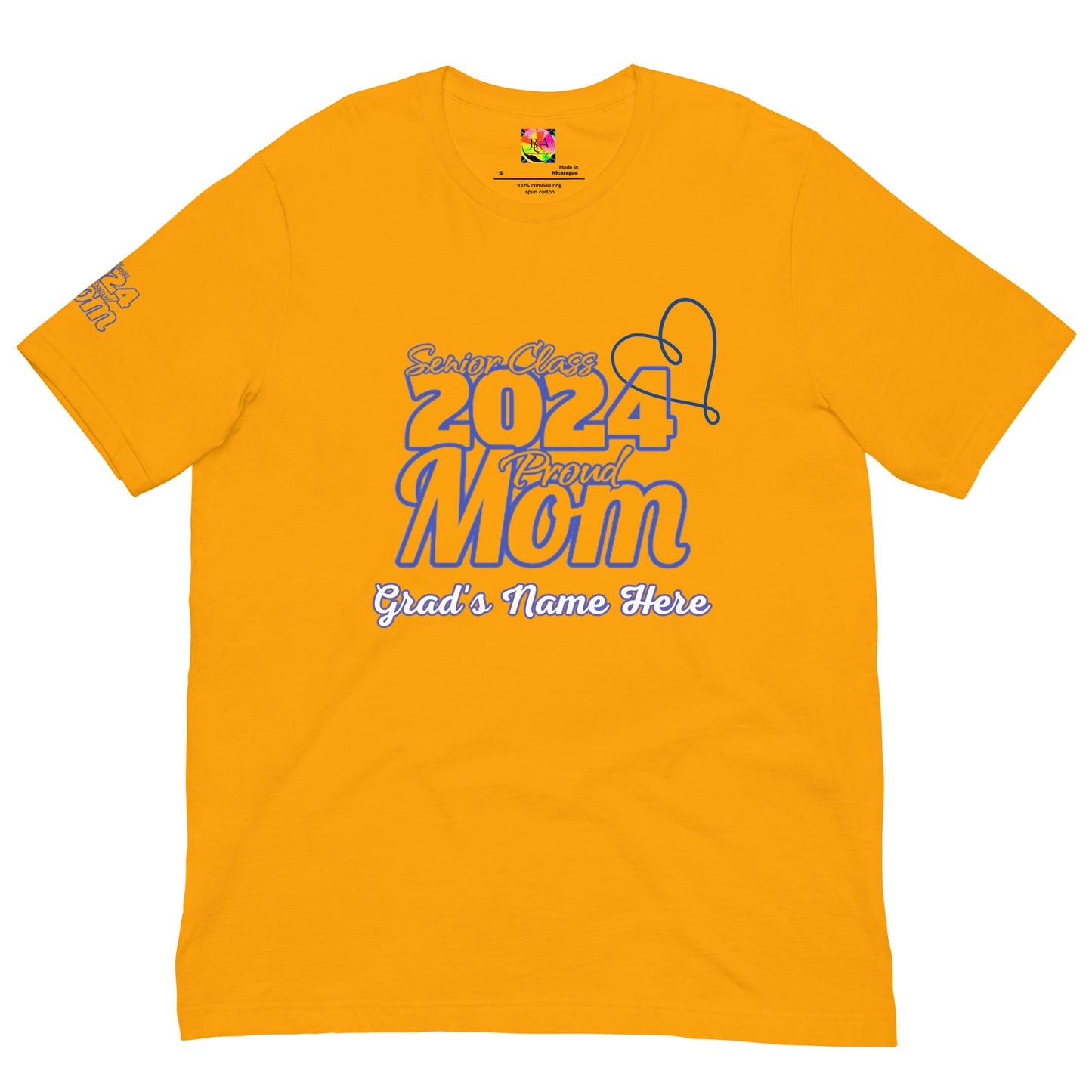 Senior 2024, Blue Print +Tee Color, Proud Mom, Grad's Name Here, Heart, Front, Back, Right Sleeve Design, XS-5XL Unisex T-Shirt