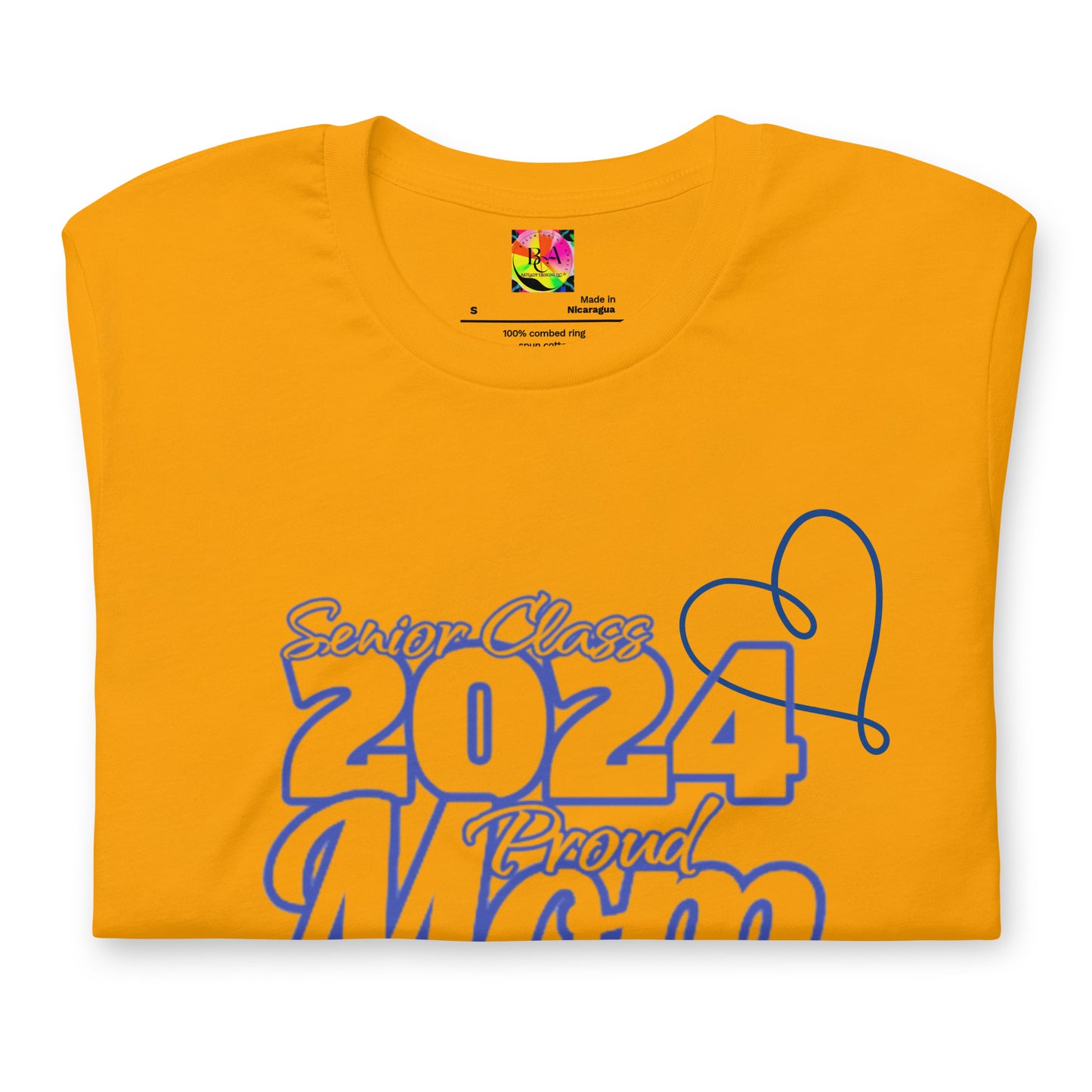 Senior 2024, Blue Print +Tee Color, Proud Mom, Grad's Name Here, Heart, Front, Back, Right Sleeve Design, XS-5XL Unisex T-Shirt