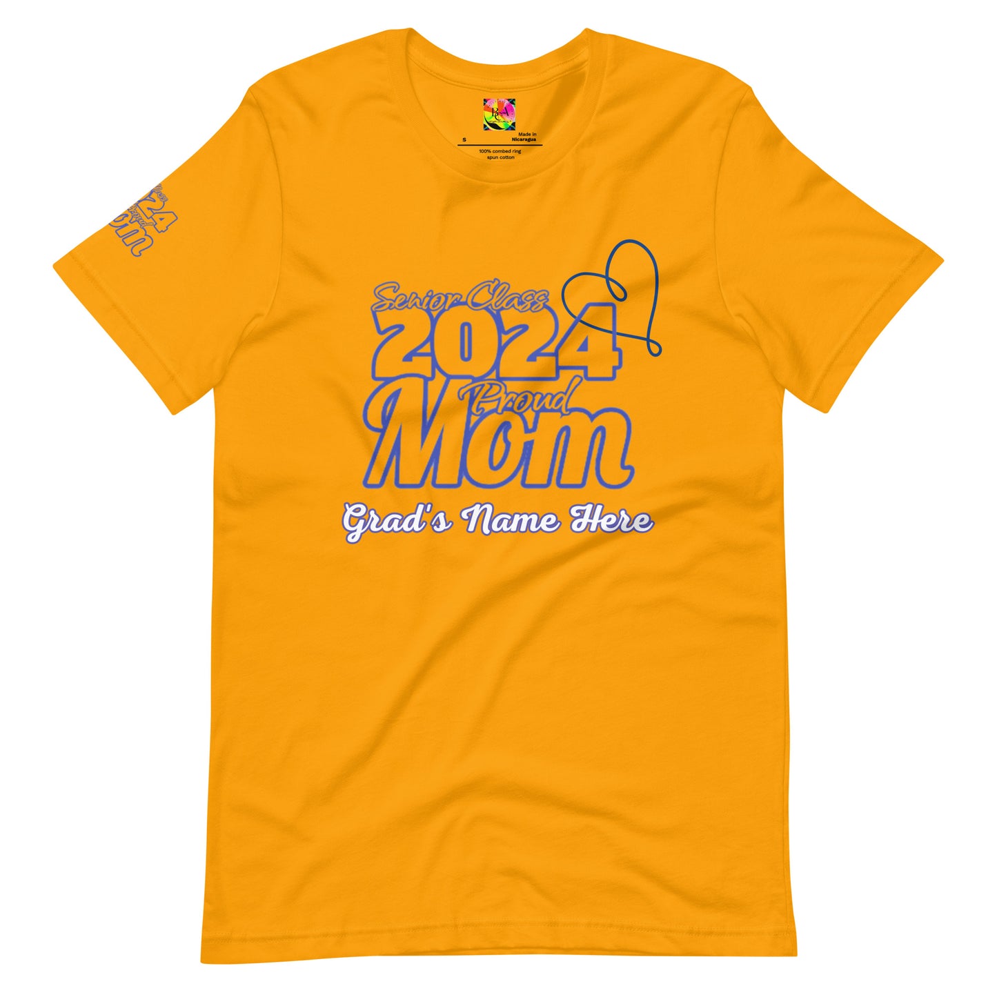 Senior 2024, Blue Print +Tee Color, Proud Mom, Grad's Name Here, Heart, Front, Back, Right Sleeve Design, XS-5XL Unisex T-Shirt