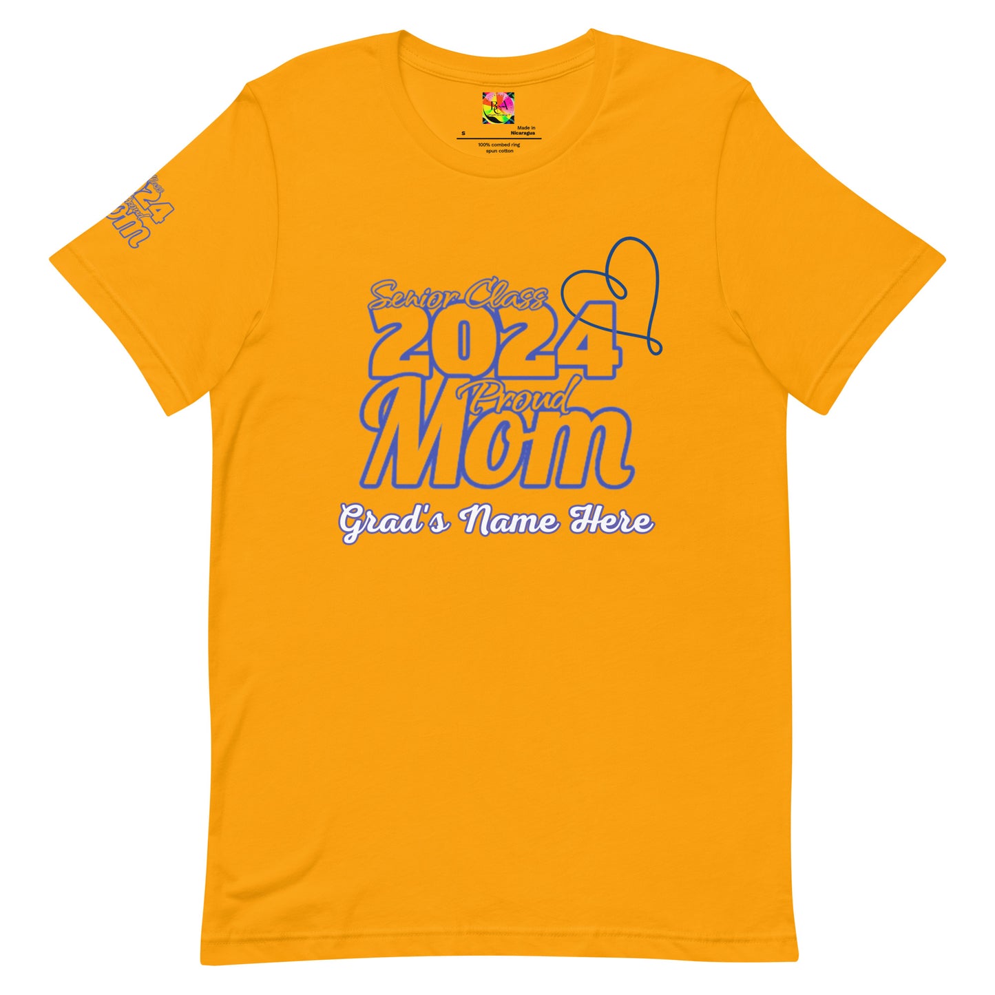 Senior 2024, Blue Print +Tee Color, Proud Mom, Grad's Name Here, Heart, Front, Back, Right Sleeve Design, XS-5XL Unisex T-Shirt