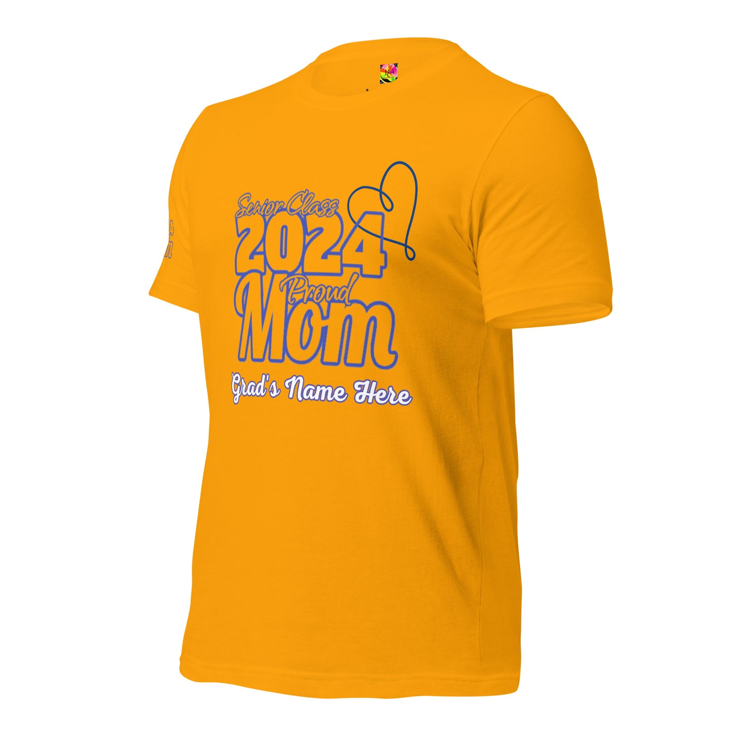 Senior 2024, Blue Print +Tee Color, Proud Mom, Grad's Name Here, Heart, Front, Back, Right Sleeve Design, XS-5XL Unisex T-Shirt