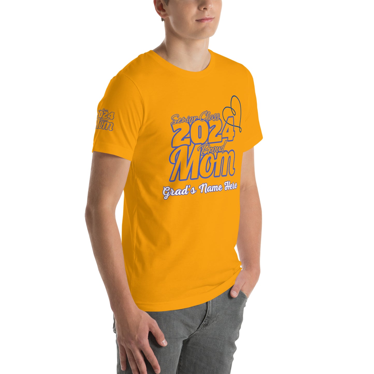 Senior 2024, Blue Print +Tee Color, Proud Mom, Grad's Name Here, Heart, Front, Back, Right Sleeve Design, XS-5XL Unisex T-Shirt