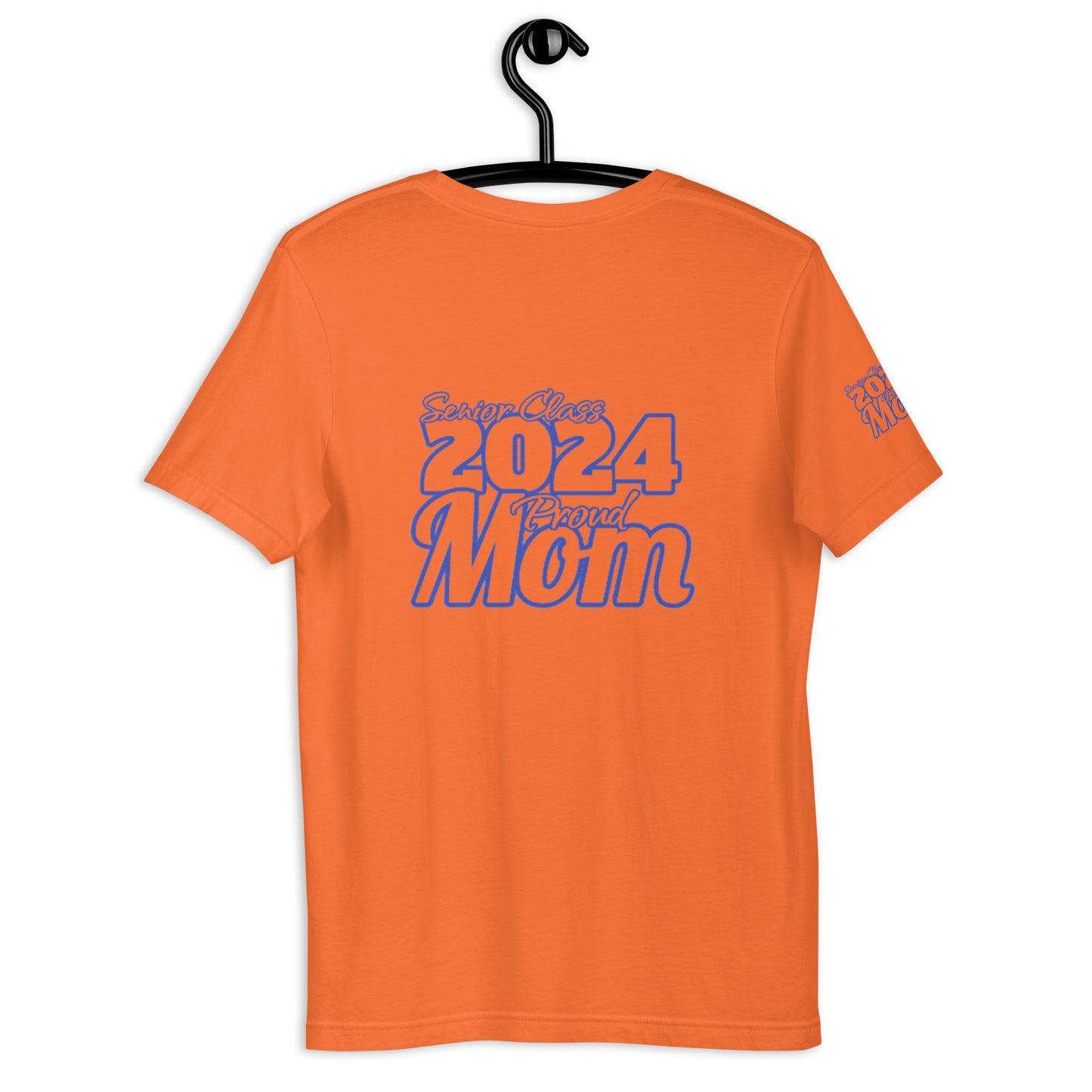 Senior 2024, Blue Print +Tee Color, Proud Mom, Grad's Name Here, Heart, Front, Back, Right Sleeve Design, XS-5XL Unisex T-Shirt