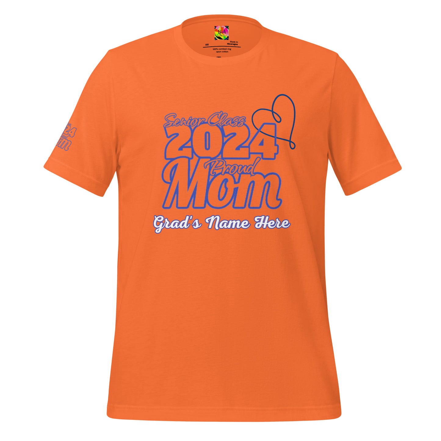 Senior 2024, Blue Print +Tee Color, Proud Mom, Grad's Name Here, Heart, Front, Back, Right Sleeve Design, XS-5XL Unisex T-Shirt