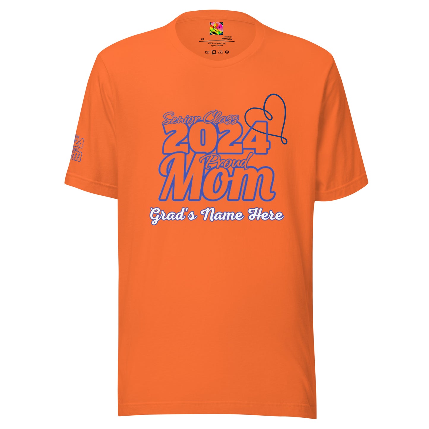 Senior 2024, Blue Print +Tee Color, Proud Mom, Grad's Name Here, Heart, Front, Back, Right Sleeve Design, XS-5XL Unisex T-Shirt