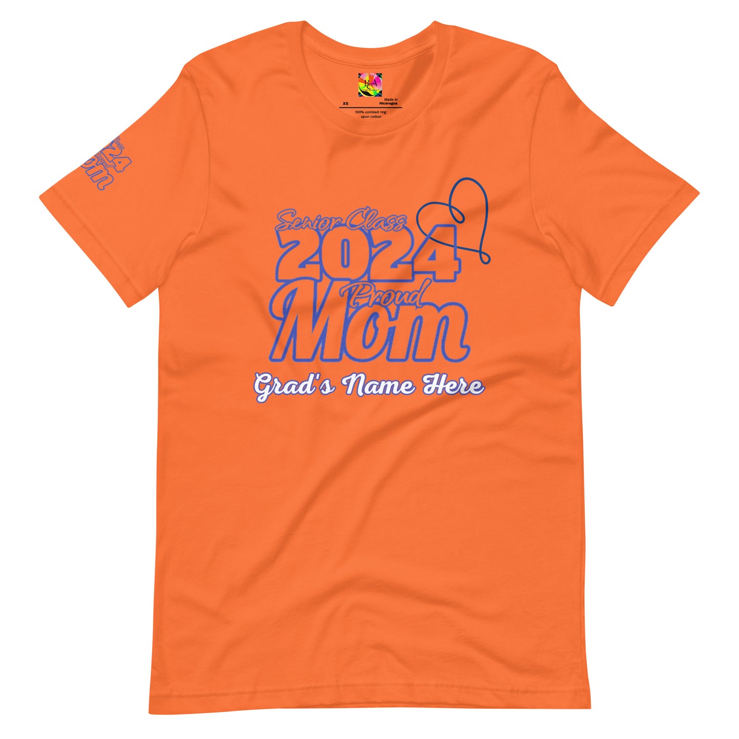 Senior 2024, Blue Print +Tee Color, Proud Mom, Grad's Name Here, Heart, Front, Back, Right Sleeve Design, XS-5XL Unisex T-Shirt