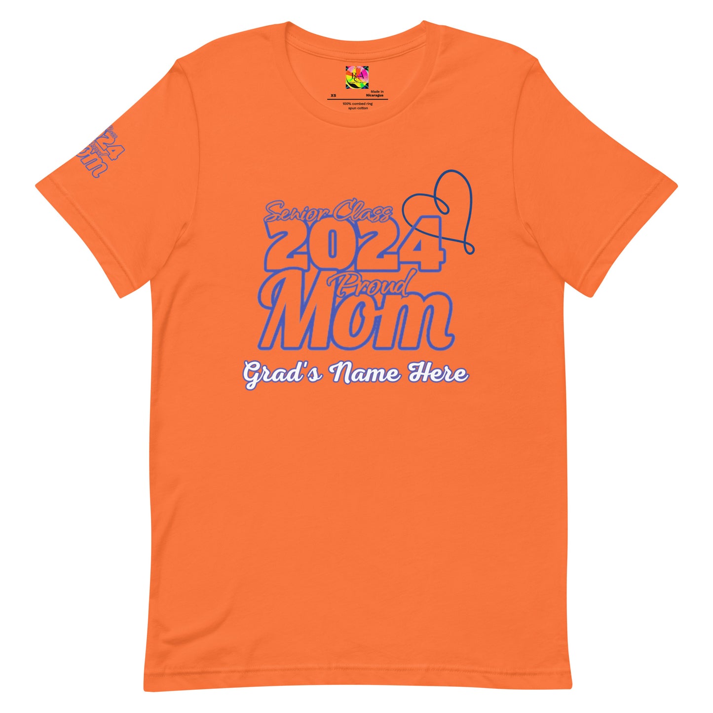 Senior 2024, Blue Print +Tee Color, Proud Mom, Grad's Name Here, Heart, Front, Back, Right Sleeve Design, XS-5XL Unisex T-Shirt