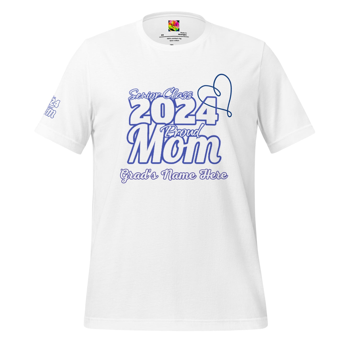 Senior 2024, Blue Print +Tee Color, Proud Mom, Grad's Name Here, Heart, Front, Back, Right Sleeve Design, XS-5XL Unisex T-Shirt