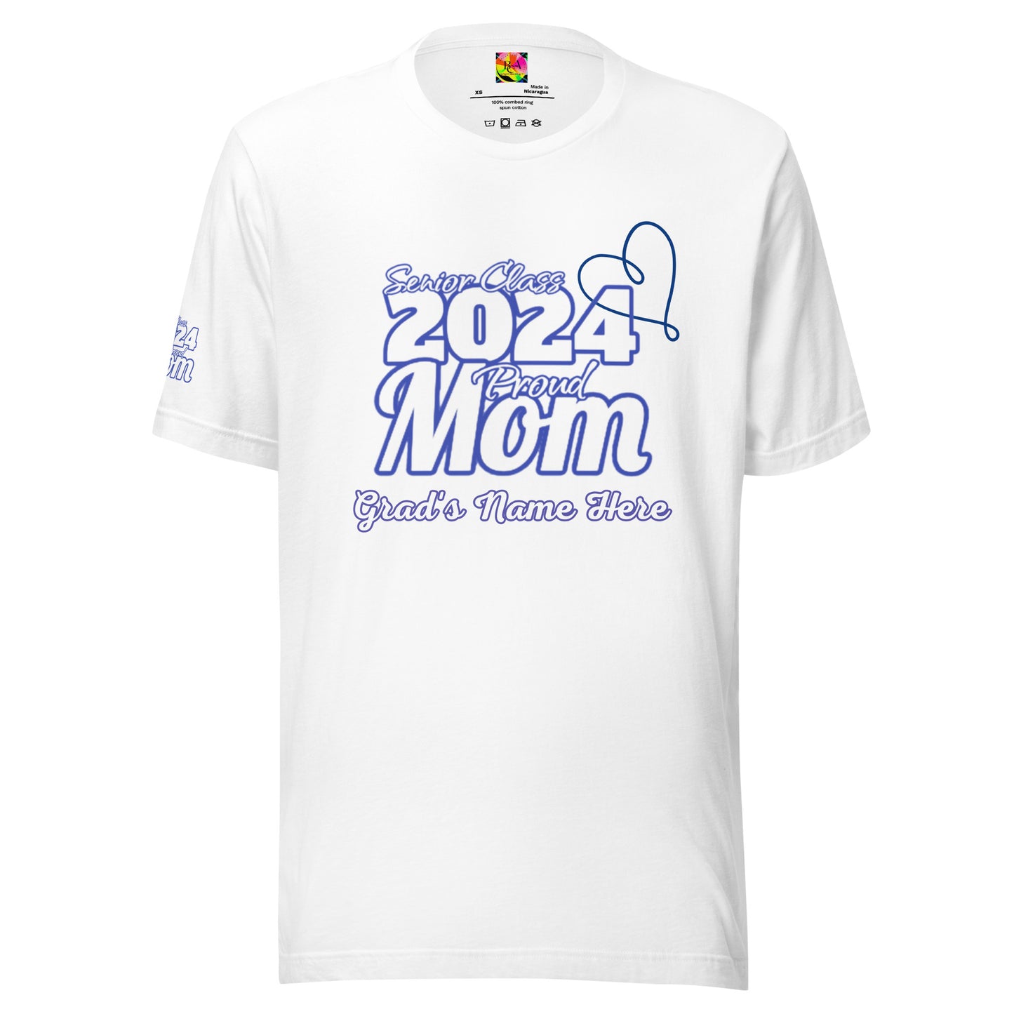 Senior 2024, Blue Print +Tee Color, Proud Mom, Grad's Name Here, Heart, Front, Back, Right Sleeve Design, XS-5XL Unisex T-Shirt