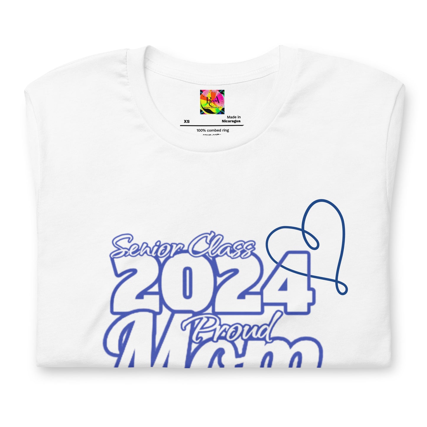 Senior 2024, Blue Print +Tee Color, Proud Mom, Grad's Name Here, Heart, Front, Back, Right Sleeve Design, XS-5XL Unisex T-Shirt