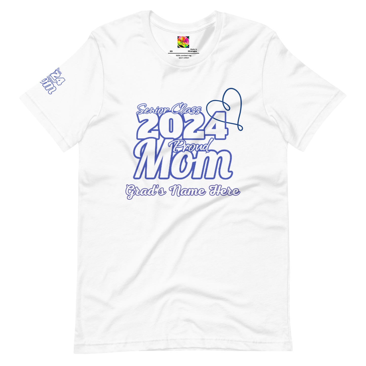 Senior 2024, Blue Print +Tee Color, Proud Mom, Grad's Name Here, Heart, Front, Back, Right Sleeve Design, XS-5XL Unisex T-Shirt