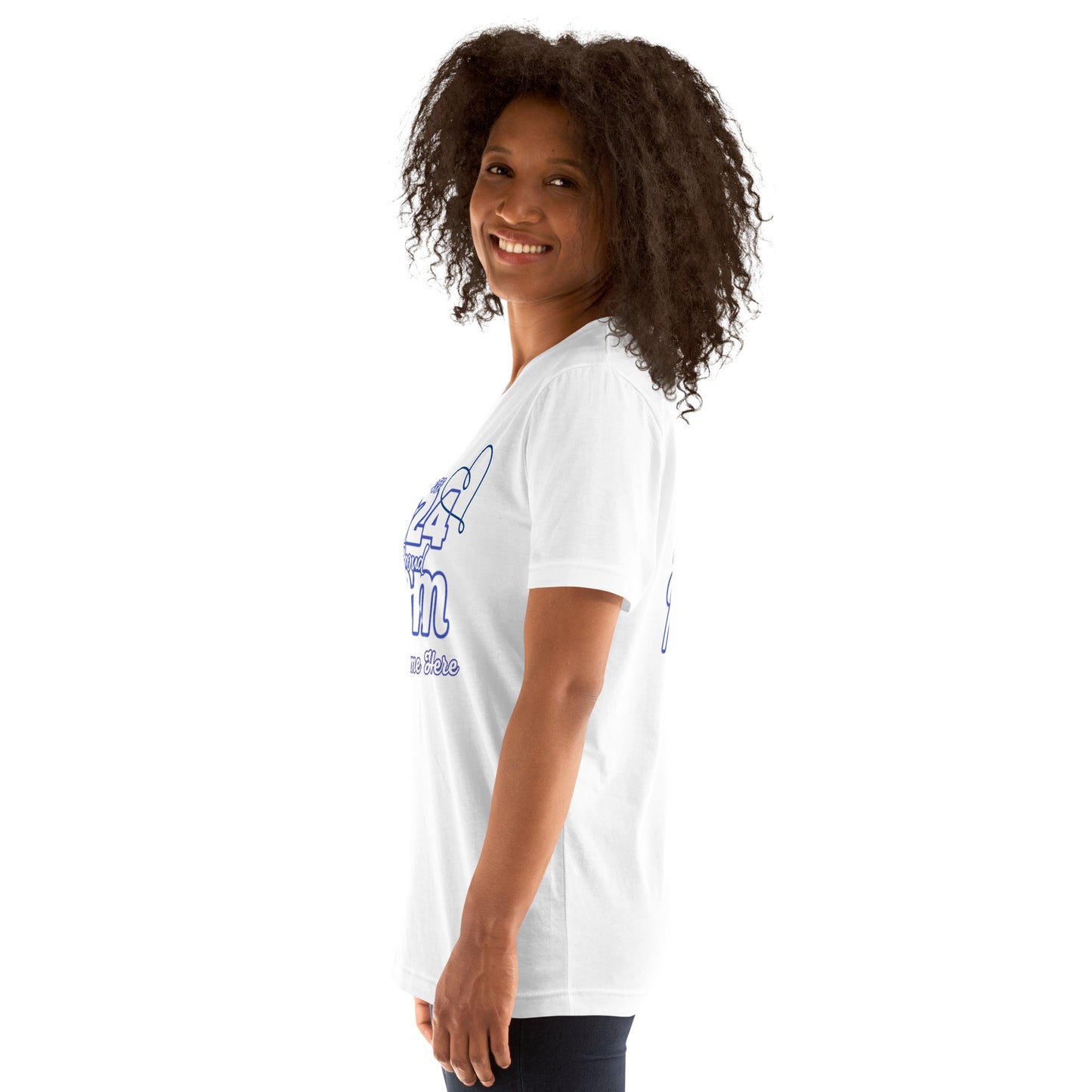 Senior 2024, Blue Print +Tee Color, Proud Mom, Grad's Name Here, Heart, Front, Back, Right Sleeve Design, XS-5XL Unisex T-Shirt