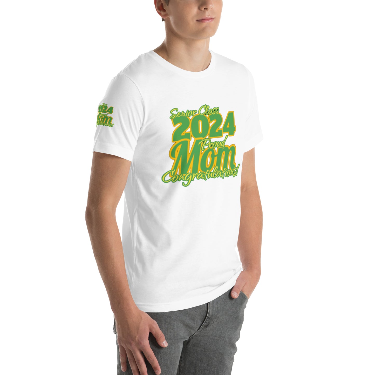 Senior Class, 2024 Proud Mom - Unisex T-Shirt Green/Yellow White Shirt