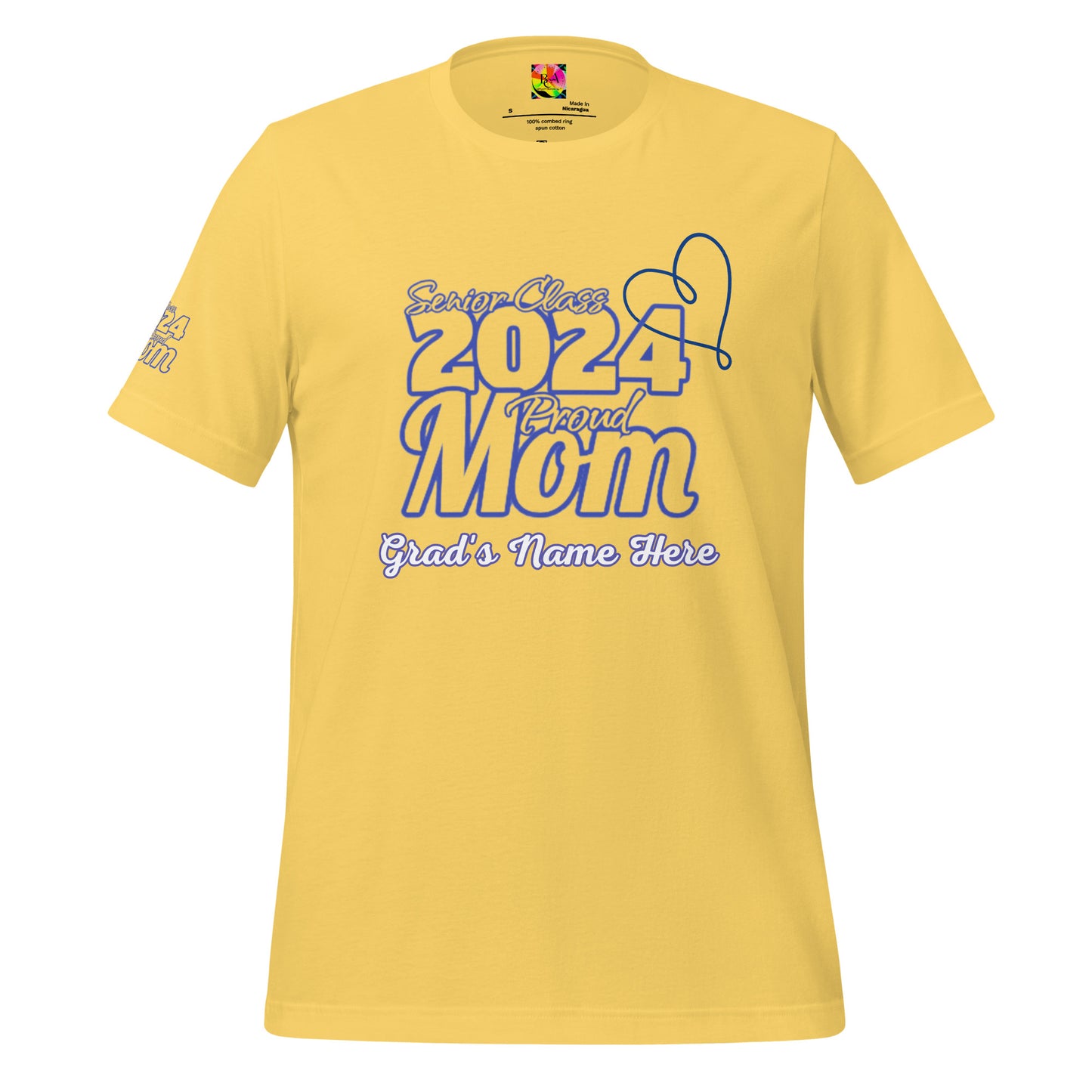 Senior 2024, Blue Print +Tee Color, Proud Mom, Grad's Name Here, Heart, Front, Back, Right Sleeve Design, XS-5XL Unisex T-Shirt