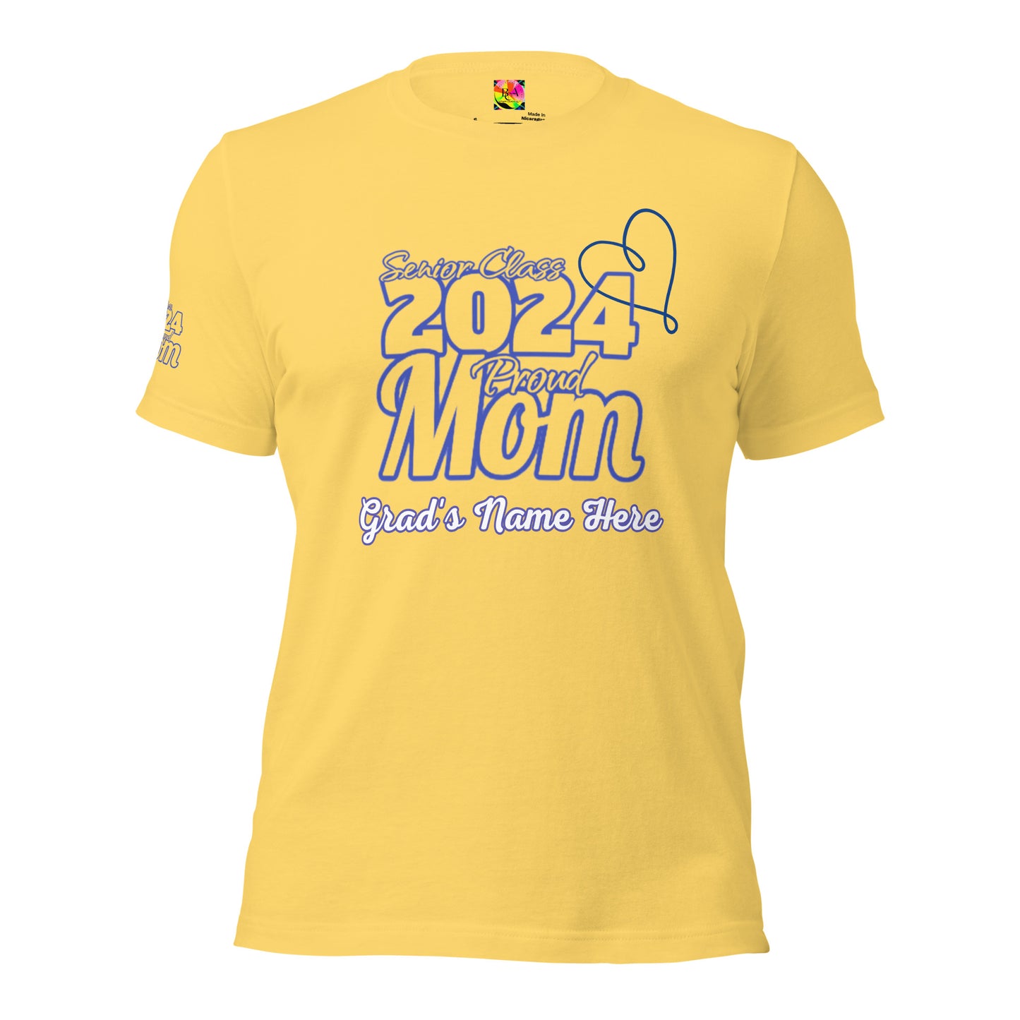 Senior 2024, Blue Print +Tee Color, Proud Mom, Grad's Name Here, Heart, Front, Back, Right Sleeve Design, XS-5XL Unisex T-Shirt