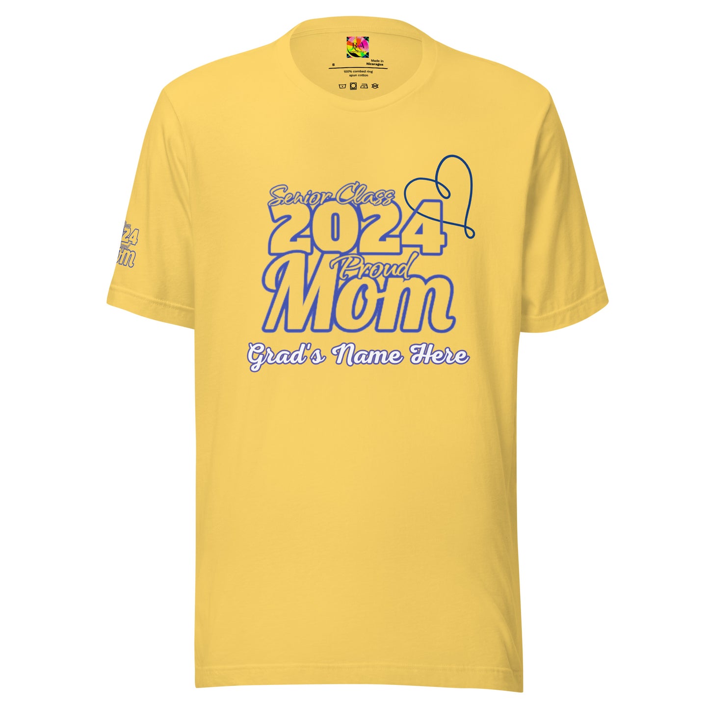 Senior 2024, Blue Print +Tee Color, Proud Mom, Grad's Name Here, Heart, Front, Back, Right Sleeve Design, XS-5XL Unisex T-Shirt