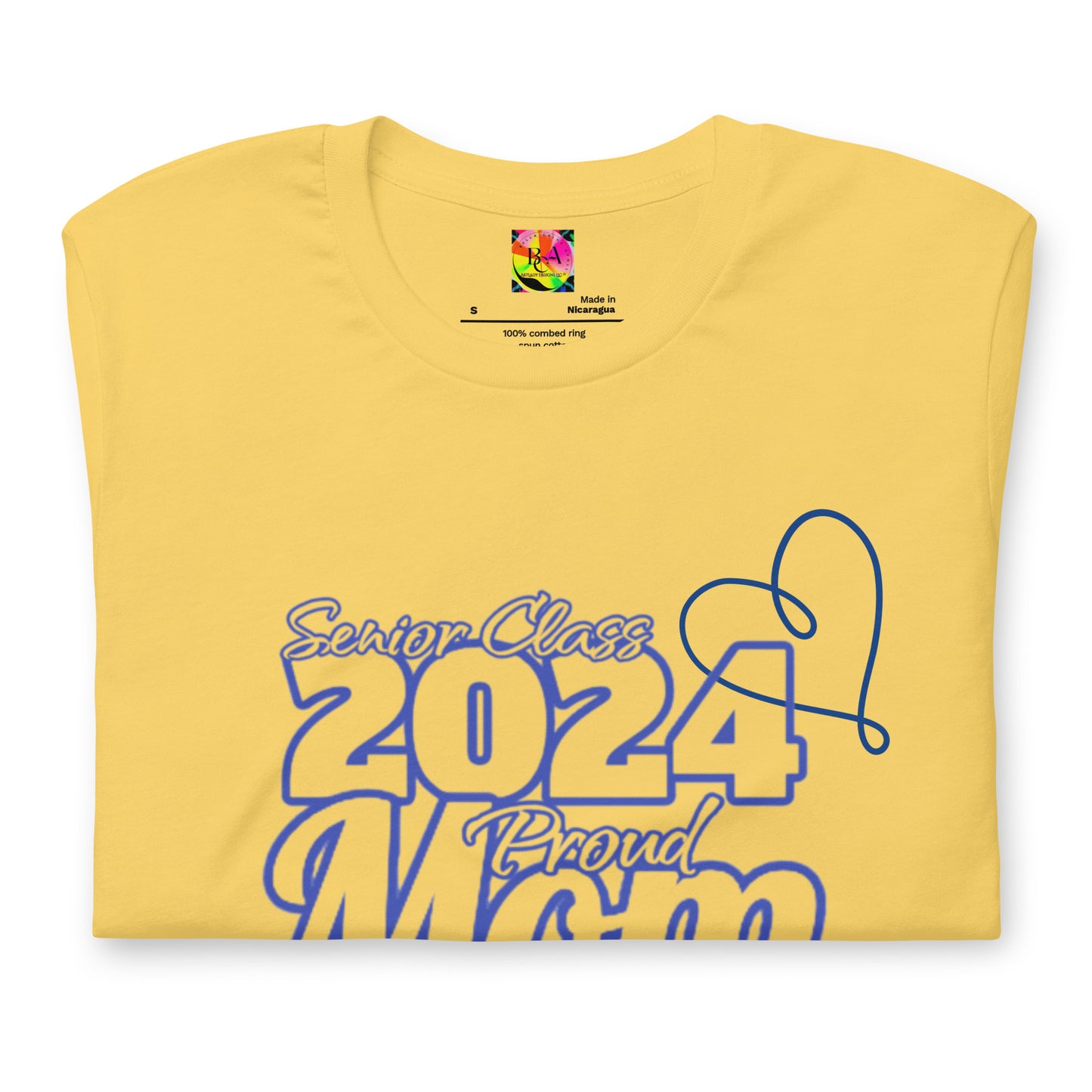 Senior 2024, Blue Print +Tee Color, Proud Mom, Grad's Name Here, Heart, Front, Back, Right Sleeve Design, XS-5XL Unisex T-Shirt