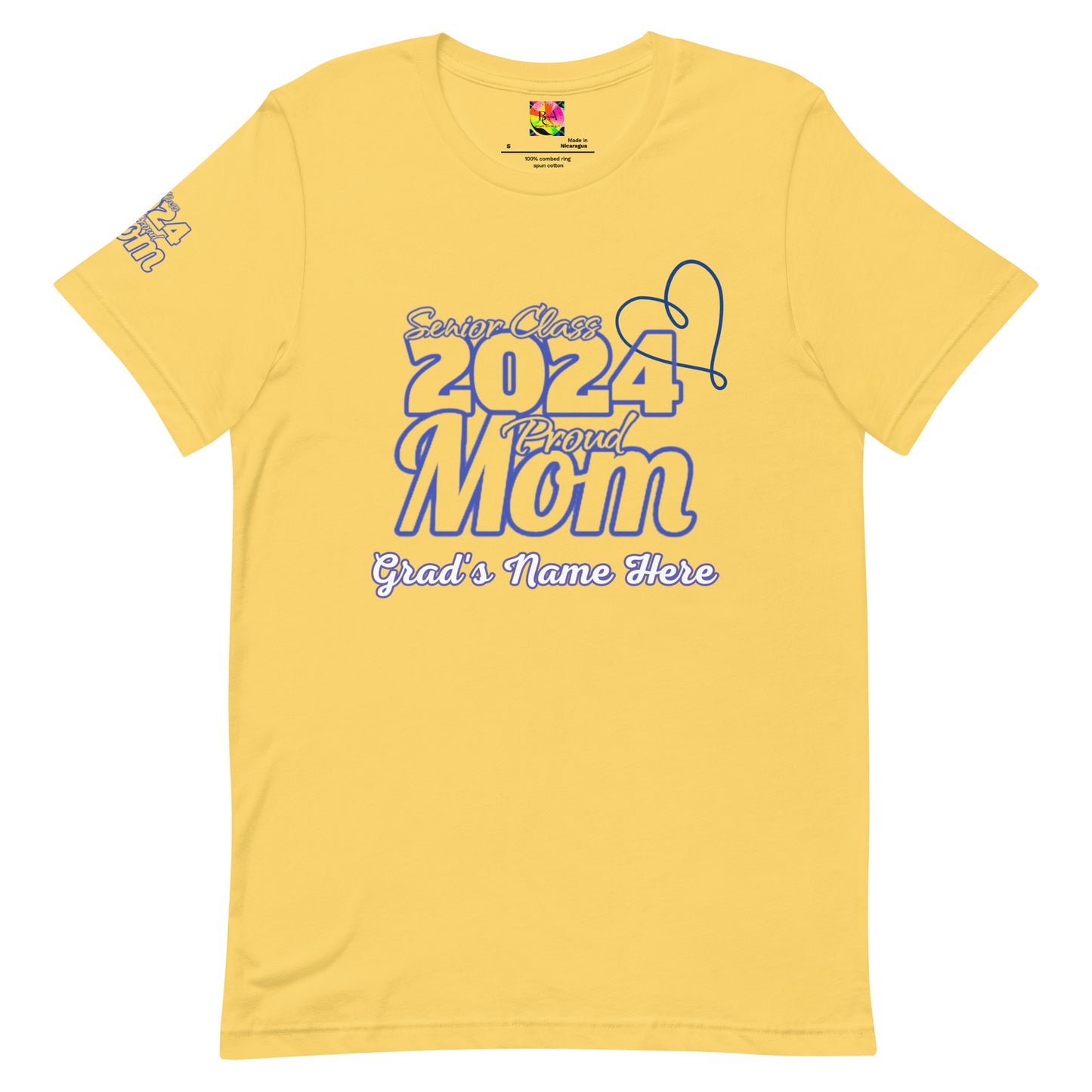 Senior 2024, Blue Print +Tee Color, Proud Mom, Grad's Name Here, Heart, Front, Back, Right Sleeve Design, XS-5XL Unisex T-Shirt