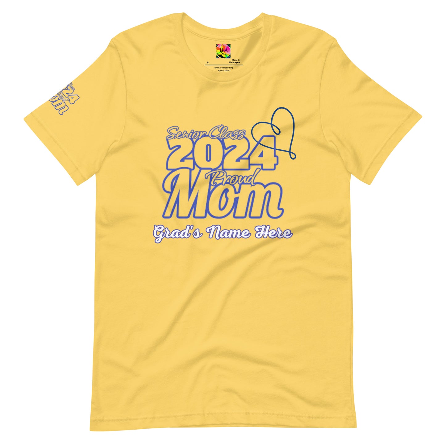 Senior 2024, Blue Print +Tee Color, Proud Mom, Grad's Name Here, Heart, Front, Back, Right Sleeve Design, XS-5XL Unisex T-Shirt