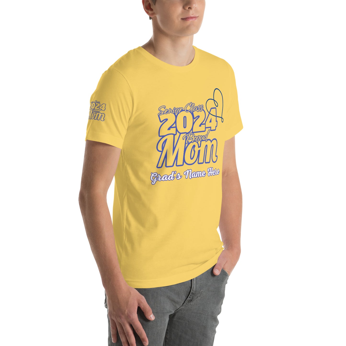 Senior 2024, Blue Print +Tee Color, Proud Mom, Grad's Name Here, Heart, Front, Back, Right Sleeve Design, XS-5XL Unisex T-Shirt