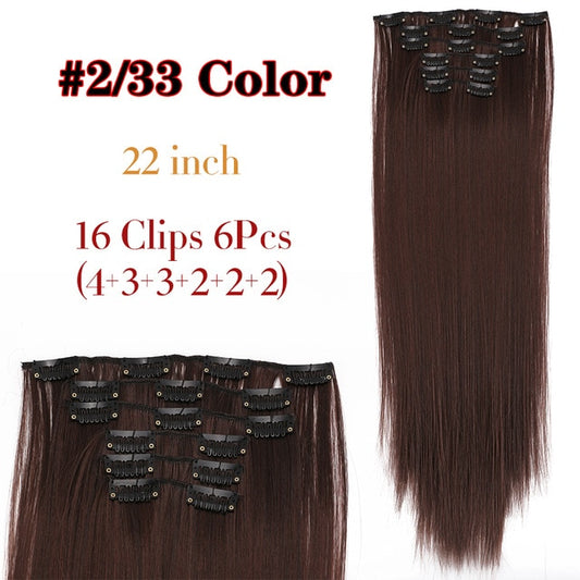 Long Straight Synthetic Hair Extensions Clips High Temperature Fiber 16 clips Black Brown Hairpiece